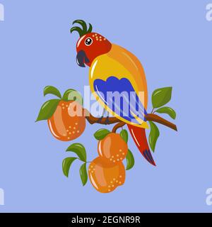Cartoon parrot and peaches on a blue background Stock Vector