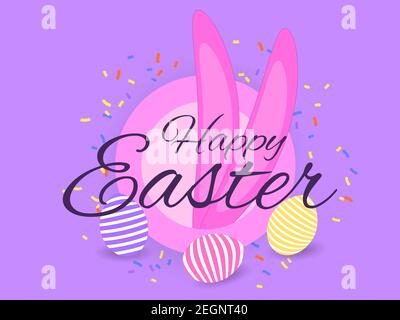 Happy Easter. Rabbit ears with Easter eggs and confetti. Festive background for banners and cards. Vector illustration Stock Vector