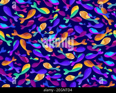Striped multi colored fish seamless pattern. Beautiful bright fish on a dark blue background. Background for printing on paper, banner and fabric. Vec Stock Vector