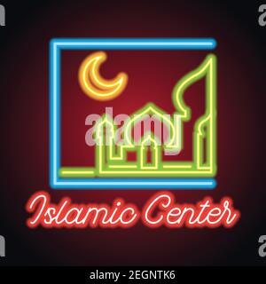 masjid or islamic centre neon sign for Muslims Pray. vector illustration Stock Vector