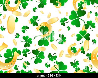 Gold coins and clover with golden horseshoes seamless pattern for St. Patrick's Day. Festive background for advertising products, postcards and printi Stock Vector
