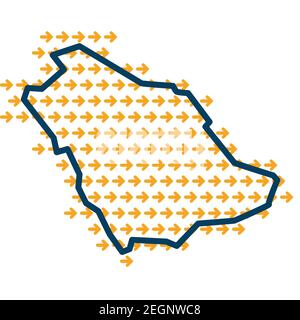 Saudi Arabia simple outline map with yellow direction guide arrows. Stock Vector