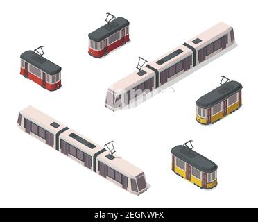 Vector isometric illustration of yellow, red and white trams. Railroad elements. Front and back. Old vintage and modern streetcars. City elements. Ico Stock Vector