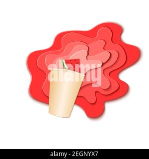 Paper cup with splash pouring juice. Bursts of watermelon juice in layers spread over the white background and a piece of juicy citrus in paper style Stock Vector