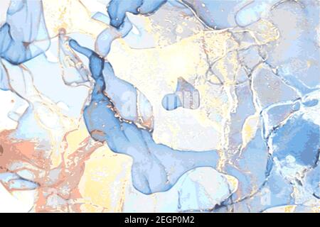 Ocean blue, yellow, and gold stone marble texture. Alcohol ink technique abstract vector background. Modern paint in natural colors with glitter. Temp Stock Vector