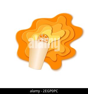 Paper cup with splash pouring juice. Bursts of orange juice in layers spread over the white background and a piece of juicy citrus in paper style Stock Vector