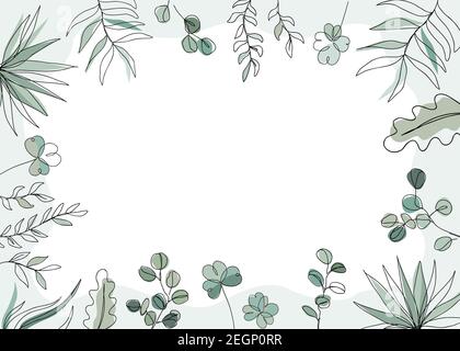 Floral vector illustration in trendy continuous line drawing style. Plants and leaves frame background with copy space for text Stock Vector