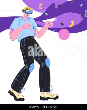 Man in virtual reality glasses exploring augmented reality, cartoon vector illustration isolated on white background. Entertainments with using techno Stock Vector