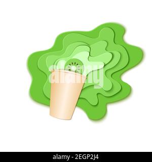 Paper cup with splash pouring juice. Bursts of kiwi juice in layers spread over the white background and a piece of juicy citrus in paper style Stock Vector
