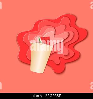 Paper cup with splash pouring juice. Bursts of watermelon juice in layers spread over the red background and a piece of juicy citrus in paper style Stock Vector