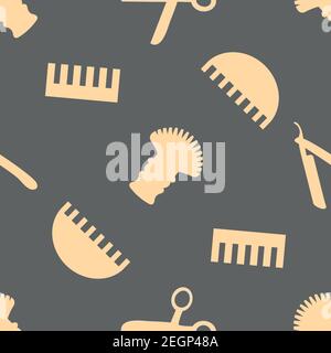 Barber shop tools vector seamless pattern background. Brown beige backdrop with scissors,shaving brush, comb, razor blade.Hairdressing equipment Stock Vector