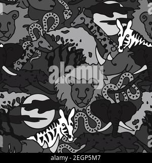 Seamless vector pattern with safari animals on grey background. African hand drawn wallpaper design for children. Stock Vector