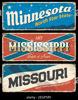 Mississippi, Minnesota and Missouri vintage signs with vector USA state symbols of American travel and tourism design. North star, magnolia and show m Stock Vector