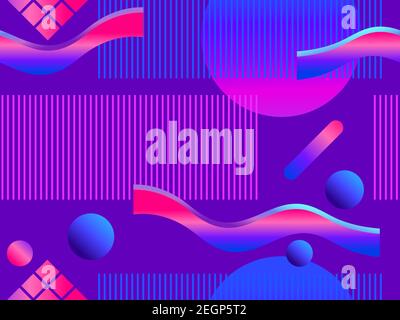 Memphis seamless pattern with futuristic gradient. Geometric elements memphis in the style of 80's. Synthwave retro background. Retrowave. Vector illu Stock Vector