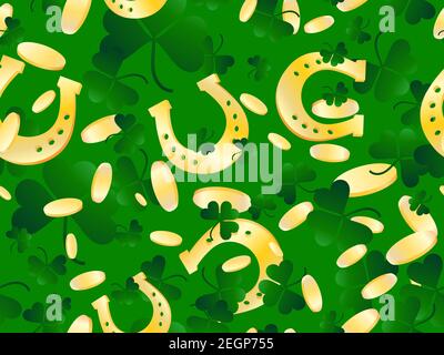 Gold coins and clover with golden horseshoes seamless pattern for St. Patrick's Day. Festive background for advertising products, postcards and printi Stock Vector
