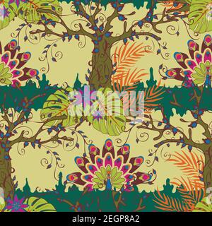 Seamless vector pattern with jungle plants and peacocks on light yellow background. Rain forest wallpaper design with birds. Tropical fashion textile. Stock Vector