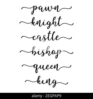 Hand sketched set of Chess Terms, castle, bishop, king, rook, pawn, queen. Lettering for poster, label, sticker, flyer, header Stock Vector