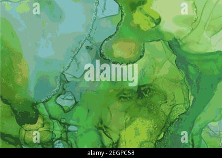 Blue, emerald, green, stone marble texture. Alcohol ink technique abstract vector background. Modern luxury paint in natural colors. Template for bann Stock Vector