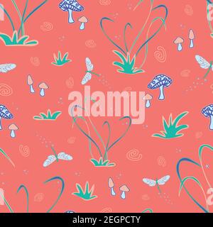 Seamless vector pattern with mushrooms and dragonfly's on baby pink background. Magic forest wallpaper design fairy tale meadow. Stock Vector