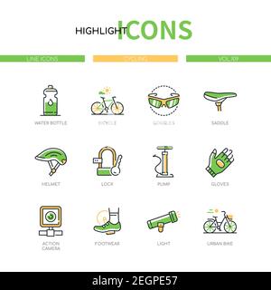 Cycling - modern line design style icons set. Sport and exercising concept. Sportive equipment images. Water bottle, bicycle, goggles, saddle, helmet, Stock Vector