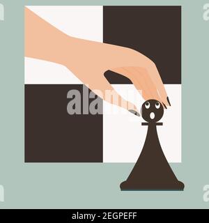 Human hand is going to take chess pawn. Pawn in shock. Funny vector illustration. Cartoon style Stock Vector