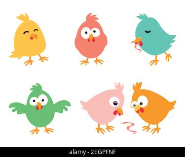 Set of amusing Easter chickens on white background, illustration. Stock Vector