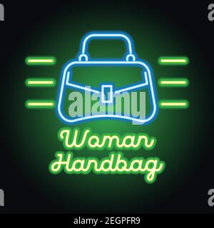 woman hand bag shop neon sign for woman bag shop and store plank banner. vector illustration Stock Vector