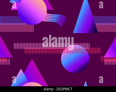 Memphis seamless pattern with futuristic gradient. Geometric elements memphis in the style of 80's. Synthwave retro background. Retrowave. Vector illu Stock Vector