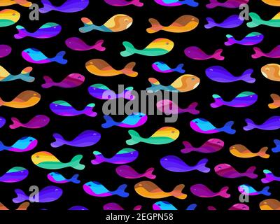 Striped multi colored fish seamless pattern. Beautiful bright fish on a black background. Background for printing on paper, banner and fabric. Vector Stock Vector
