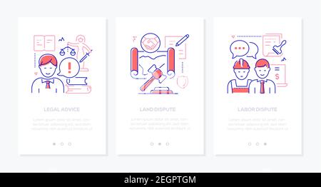 Legal services - modern line design style web banners with copy space for text. Advice and consulting, land and labor disputes illustrations. Images o Stock Vector