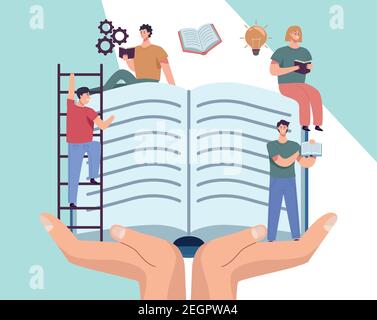 group of readers with books in hands characters vector illustration design Stock Vector