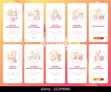 Business travel trends onboarding mobile app page screen with concepts Stock Vector