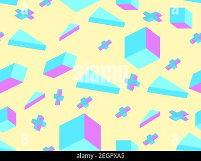 Memphis seamless pattern. Geometric elements memphis in the style of 80's. Background with  isometric 3d objects, virtual reality for promotional prod Stock Vector