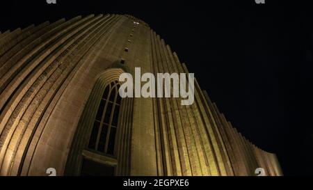 Reykjavik, Iceland - December 5, 2017 - Looking up Hallgrimskirkja Cathedral tower at night in Reykjavik Iceland Stock Photo