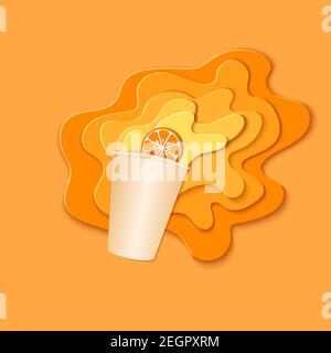 Paper cup with splash pouring juice. Bursts of orange juice in layers spread over the orange background and a piece of juicy citrus in paper style Stock Vector