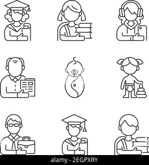 Age and gender differences linear icons set Stock Vector