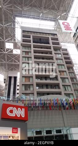 USA, Atlanta - August 20, 2014 - Interior view of CNN center in Atlanta, flags hanging from wall Stock Photo