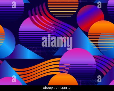 Memphis seamless pattern with futuristic gradient. Geometric elements memphis in the style of 80's. Synthwave retro background. Retrowave. Vector illu Stock Vector