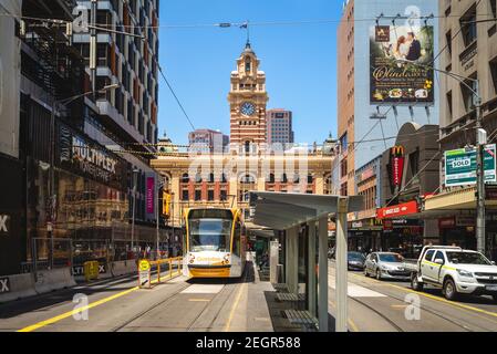 January 1, 2019: tram line in front of the clock tower of Flinders Street railway Station. flinders street station is a station opened in 1854 located Stock Photo