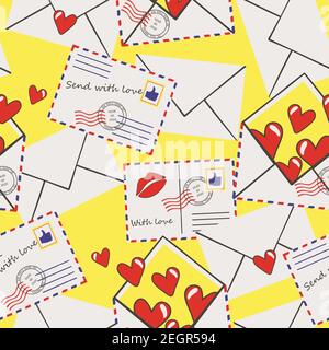 Seamless vector pattern with vintage envelopes on yellow background. Romantic love letter wallpaper design. Valentines day fashion textile. Stock Vector