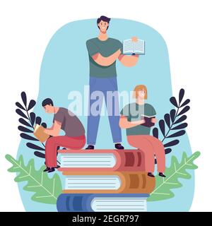 group of readers in pile books characters vector illustration design Stock Vector
