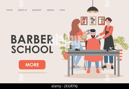 Barber school vector flat landing page template with text space. Young man and woman cutting hair and beard of a handsome man in barber shop. Hairdressing courses website design. Stock Vector