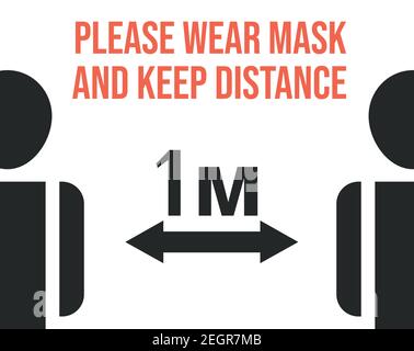 Please wear mask and keep safe social distance vector flat banner template. Poster with two man silhouettes calling to maintain social distancing to prevent viruses, diseases, Coronavirus spreading. Stock Vector