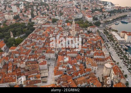 Aerial drone shot of Saint Domnius in Diocletian Palace in Split old town before sunrise in Croatia Stock Photo