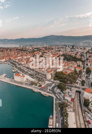 Aerial drone shot of Diocletian Palace in Split old town in early morning before sunrise in Croatia Stock Photo