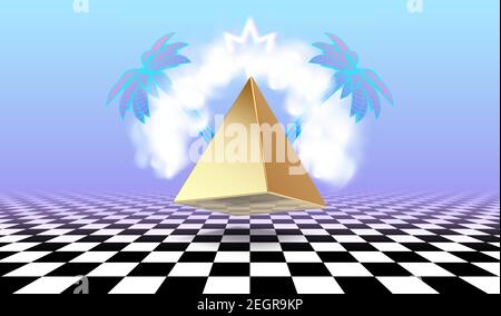 Vaporwave poster with cloud or vapor arch above the golden pyramid, surrounded by tropical palm trees. Surreal vaporwave with checkered floor Stock Vector