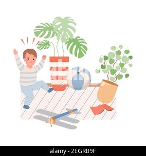 Angry, naughty little boy with his toys vector flat illustration. Upset and annoyed baby with toy plane, domestic plants, books, and ball. Difficulties of children education concept. Stock Vector