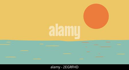 Seaside Sunset Minimalist Style flat color vector. Summer ocean sunrise illustration of sun dawn, sea water. Relaxing tropical nostalgic vacation back Stock Vector