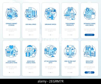 Expand cabinets storage space onboarding mobile app page screen with concepts set Stock Vector
