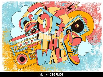 Retro grunge print with tape recorder, lips Stock Vector
